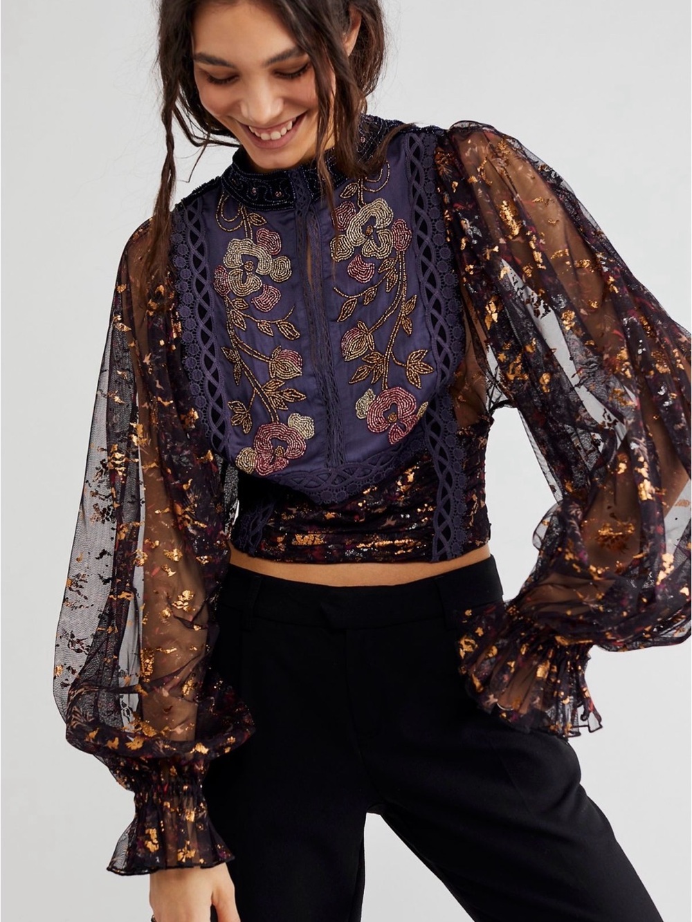 Free People Camille Top | Embroidered, beaded, metallic mesh extravaganza sleeve
